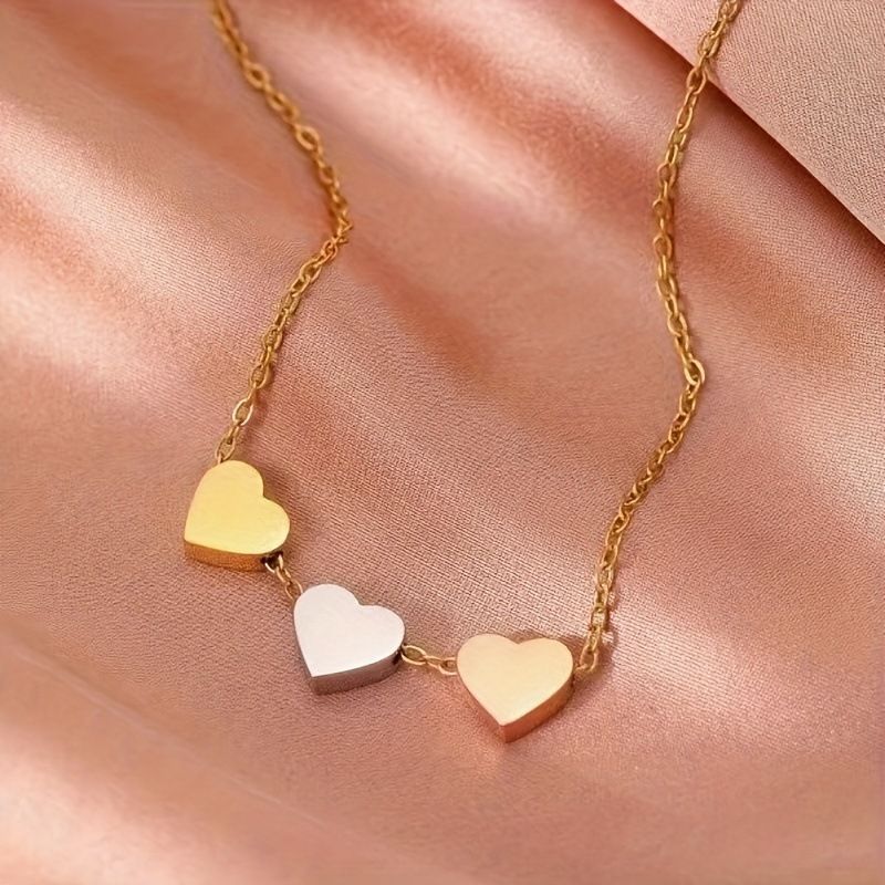 Schlüsselbeinkette, schlicht, vielseitig, elegant, Halsband, Halsschmuck, dreifarbig, Liebesanhänger, Gold, Silber und Puder_voghion.com