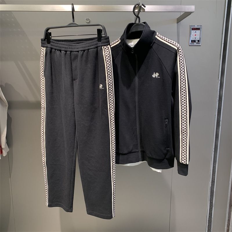 Man's clothing Knit jacquard ribbon splicing sportswear suit men's handsome stylish zip-up sweatpants_voghion.com