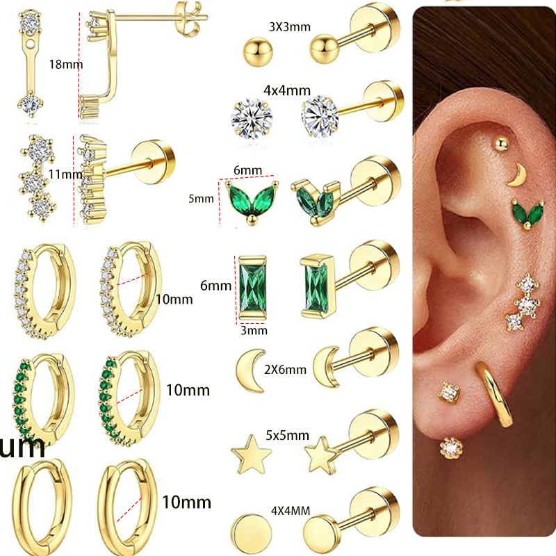 Orecchini alla moda in vero oro con zircone elettroplaccato, set di orecchini a perno con gruppo di stelle e luna_voghion.com