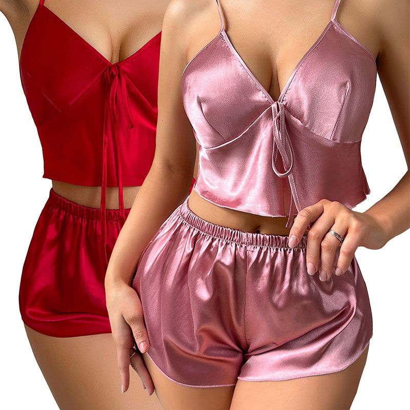 Ensemble caraco et short tendance avec dos nu, pyjama en soie glacée pour femme_voghion.com
