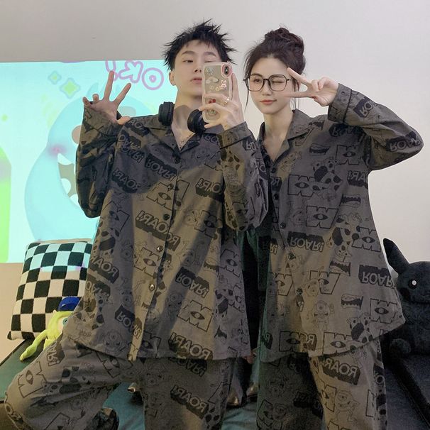 Fréijoer Hierscht Laangärm Pyjamaen fir Männer a Fraen, reng zweedeeleg Cartoon léif Kotteng Heemkostüm Set fir Koppelen, kann sinn_voghion.com