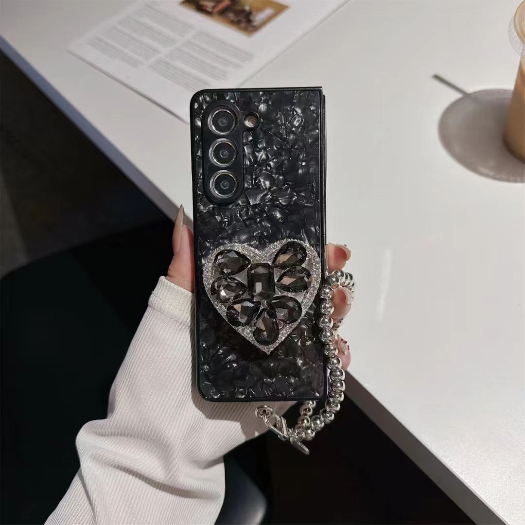For Samsung Galaxy Z Fold 3 4 5 Luxury Shell Diamond Stone Crystal Heart Holder Stand Wrist Chain Strap Phone Case Cover_voghion.com