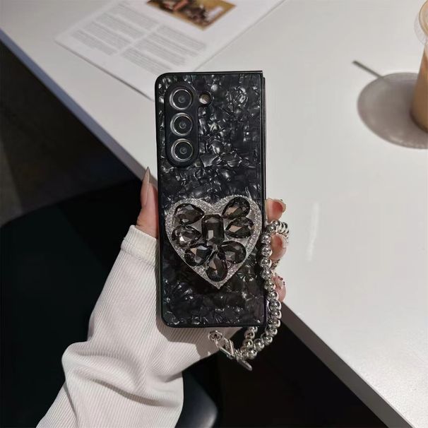 For Samsung Galaxy Z Fold 3 4 5 Luxury Shell Diamond Stone Crystal Heart Holder Stand Wrist Chain Strap Phone Case Cover_voghion.com