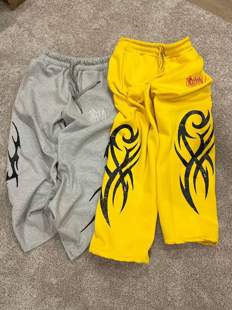 Jogging extensible taille haute unisexe style urbain avec ceinture élastique | Pantalon ample en coton mélangé | Jaune, gris | S-XXL_voghion.com
