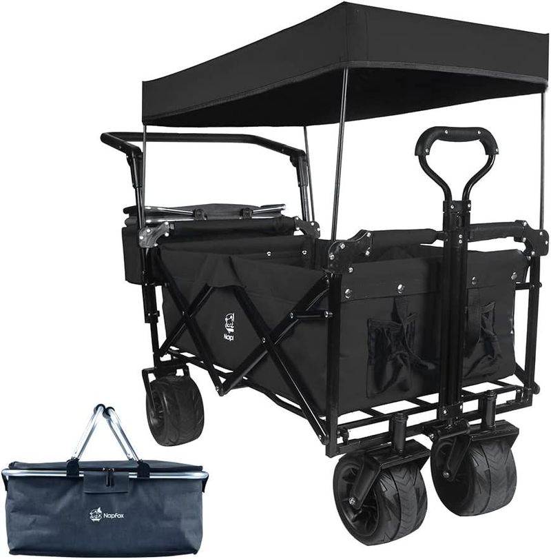 Collapsible Wagon Heavy Duty Folding Wagon Cart With Removable Canopy, 4' Wide Large All Terrain Wheels, Brake, Adjustable Handles,Cooler Bag Utilit_voghion.com