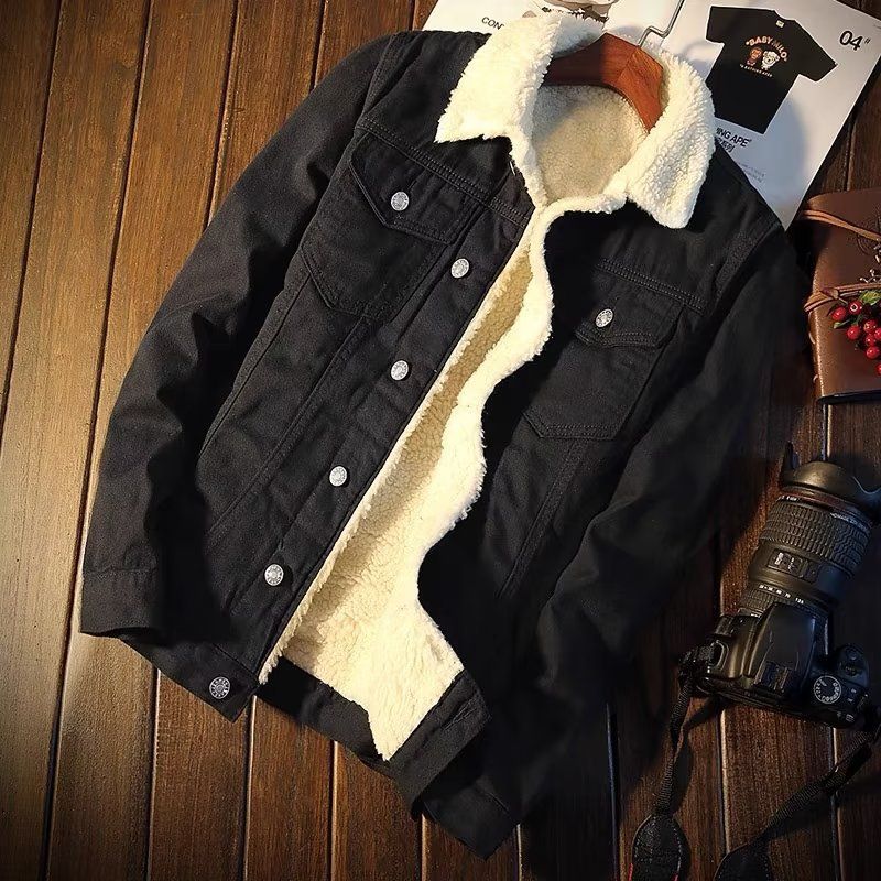 CT Winter-Jeansjacke mit Fleecefutter für Herren, koreanischer Jugendstil, verdickte Jacke, trendiger übergroßer Baumwollmantel_voghion.com
