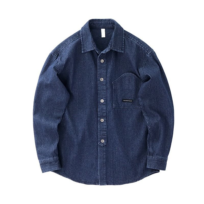 Vertical striped washed old spring and autumn new style retro thick workwear casual long sleeved denim shirt men's coat_voghion.com