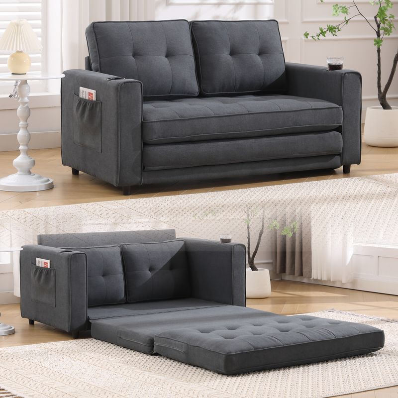 {VIDEO Provided}3-in-1 Upholstered Futon Sofa Convertible Sofa Bed,Foldable Tufted Loveseat With Pull Out Sleeper Couch Bed,Folding Mattres Love Seat Daybed W/Side Pockets And Cup Holder, Dark Gray_voghion.com