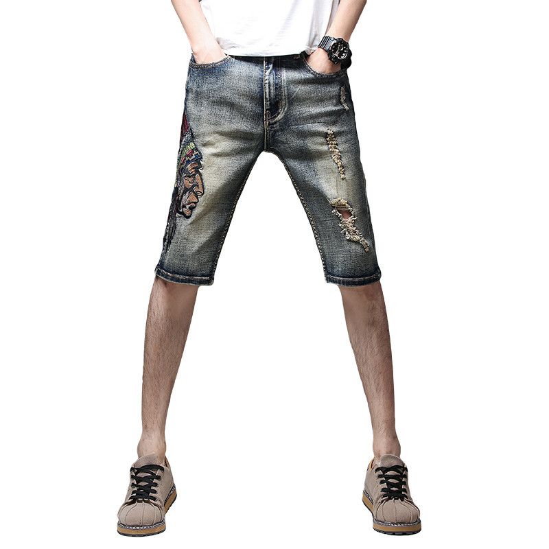 Men's Clothing Spot new 2024 summer punk men's denim shorts embroidered shorts fashionable urban mid-waist mid-pants 910_voghion.com