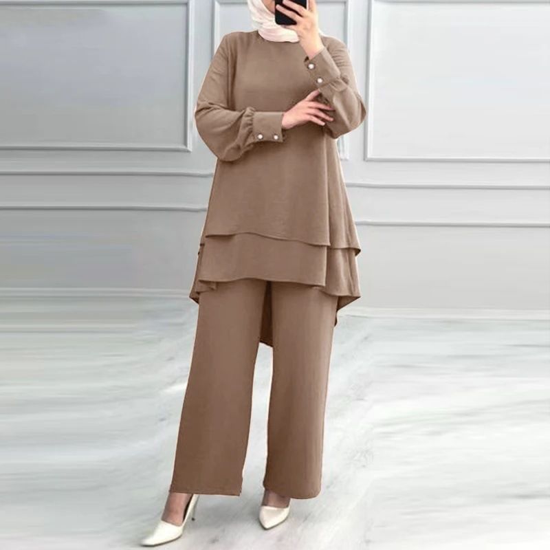 H731 Muslim New Women's Clothing Solid Color Double Layer Top Fashion Elegant Loose Wide Leg Pants Set_voghion.com