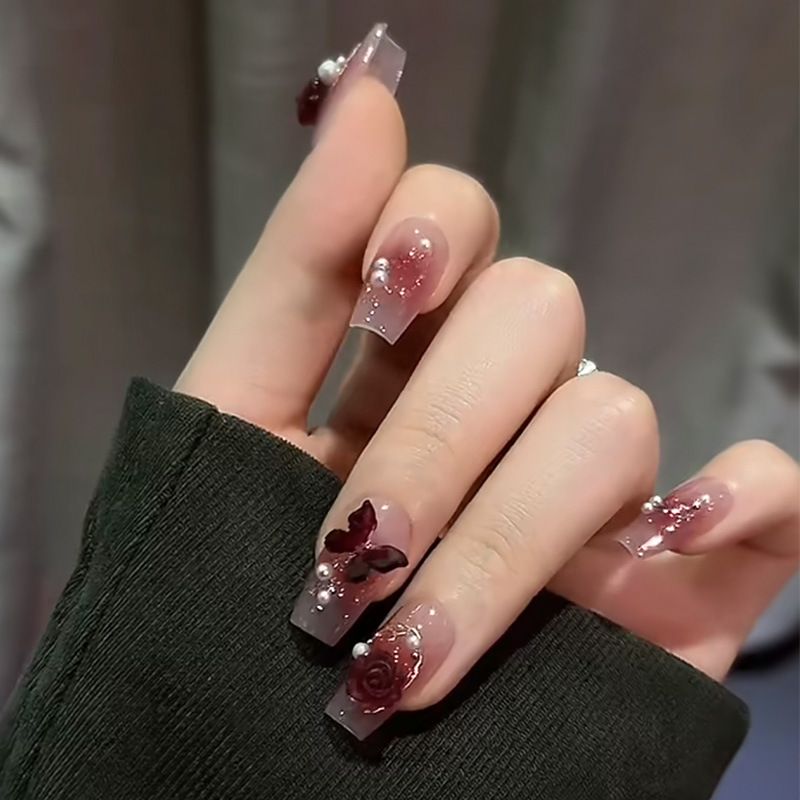 Pink 24pcs Wearable Press On Fake Nails Tips With Glue false nails design Butterfly Lovely Girl false nails Wi_voghion.com