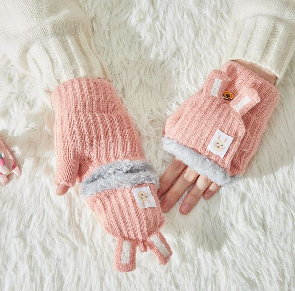 Kids' gloves Children's winter gloves Women's double layer 6 to 14 years old student writing warm plus fleece thickened flip half finger_voghion.com