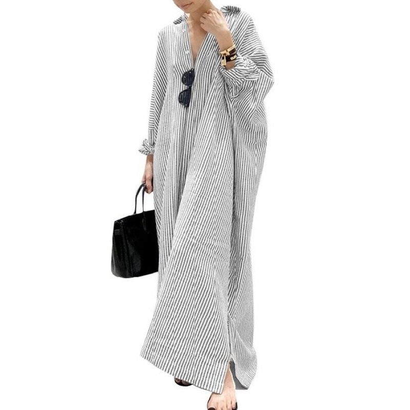 Cross Border 2025 Southeast Asia New Cotton And Linen Striped Cardigan Loose Large Size Temperament Commuter Dress Female_voghion.com