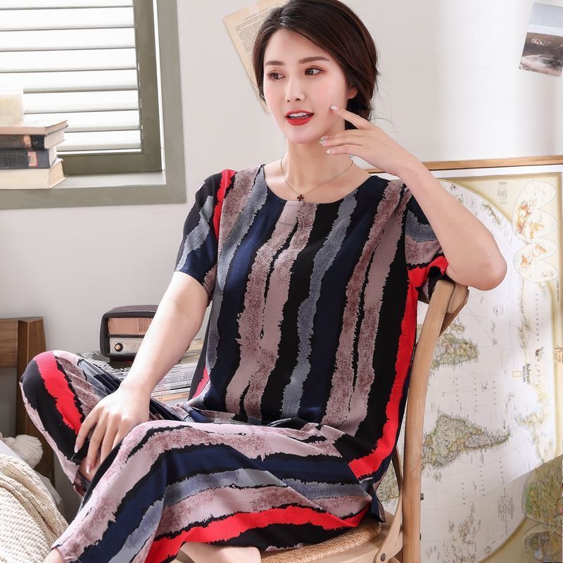 Abbigliamento da casa in cotone e seta per persone di mezza età e anziani | Completo a maniche corte con tessuto in cotone sintetico traspirante e design taglie forti - 2XL_voghion.com