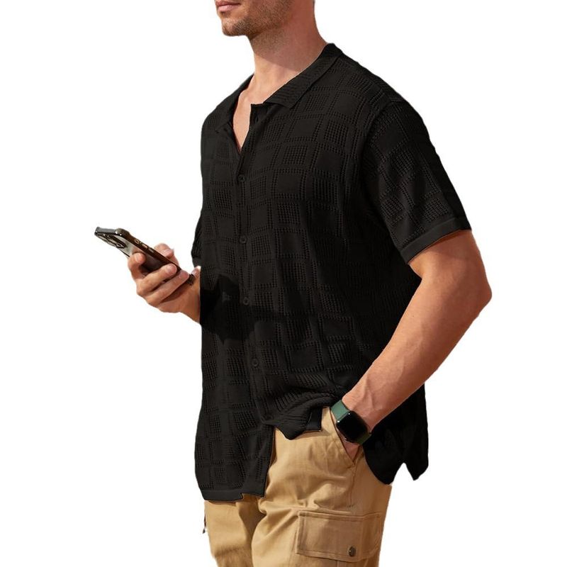 Herrenbekleidung Mode Herren Strickjacke Sommer Coole Herrenhemd Tops Kurzarm Reversknopf Lose Herrenbekleidung_voghion.com