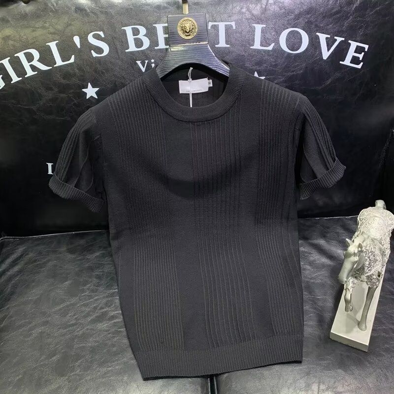 Herrenbekleidung Modemarke Ice Silk Kurzarm-T-Shirt Herren Sommer dünnes, schlankes Rundhals-Strickhemd mit All-Match-Casual-Tops_voghion.com