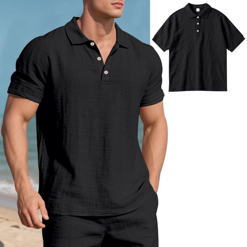 Herrenbekleidung Independent Station Sommer Herren Loose Trend Atmungsaktives Leinen Casual Revers Button Poloshirt Kurzarm_voghion.com