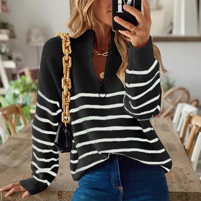 Roupas femininas suéter gola alta listrado com bloqueio de cores de manga comprida suéter pulôver com zíper superior feminino_voghion.com