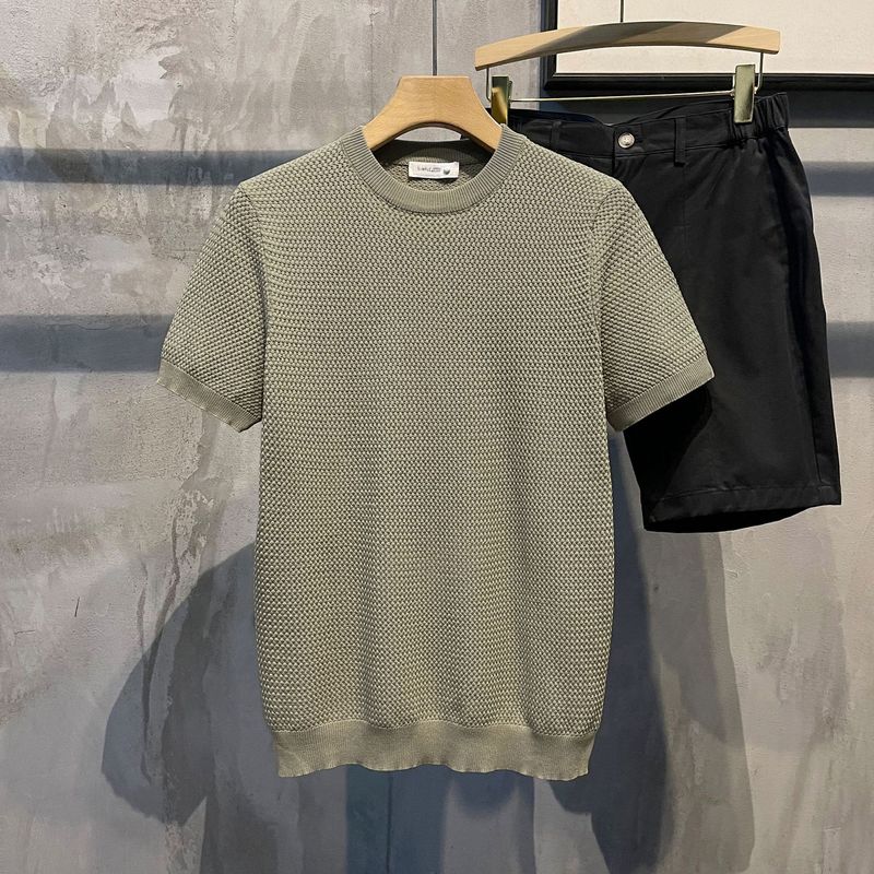 Roupas masculinas cor sólida tecido texturizado fino manga curta camisa respirável malha gola redonda camiseta_voghion.com