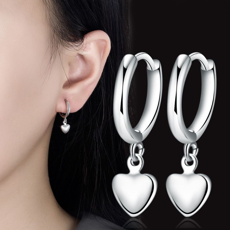 925 Sterling Silver Plated Dangle Heart Huggie Hoop Earrings Women Girl TH3_voghion.com