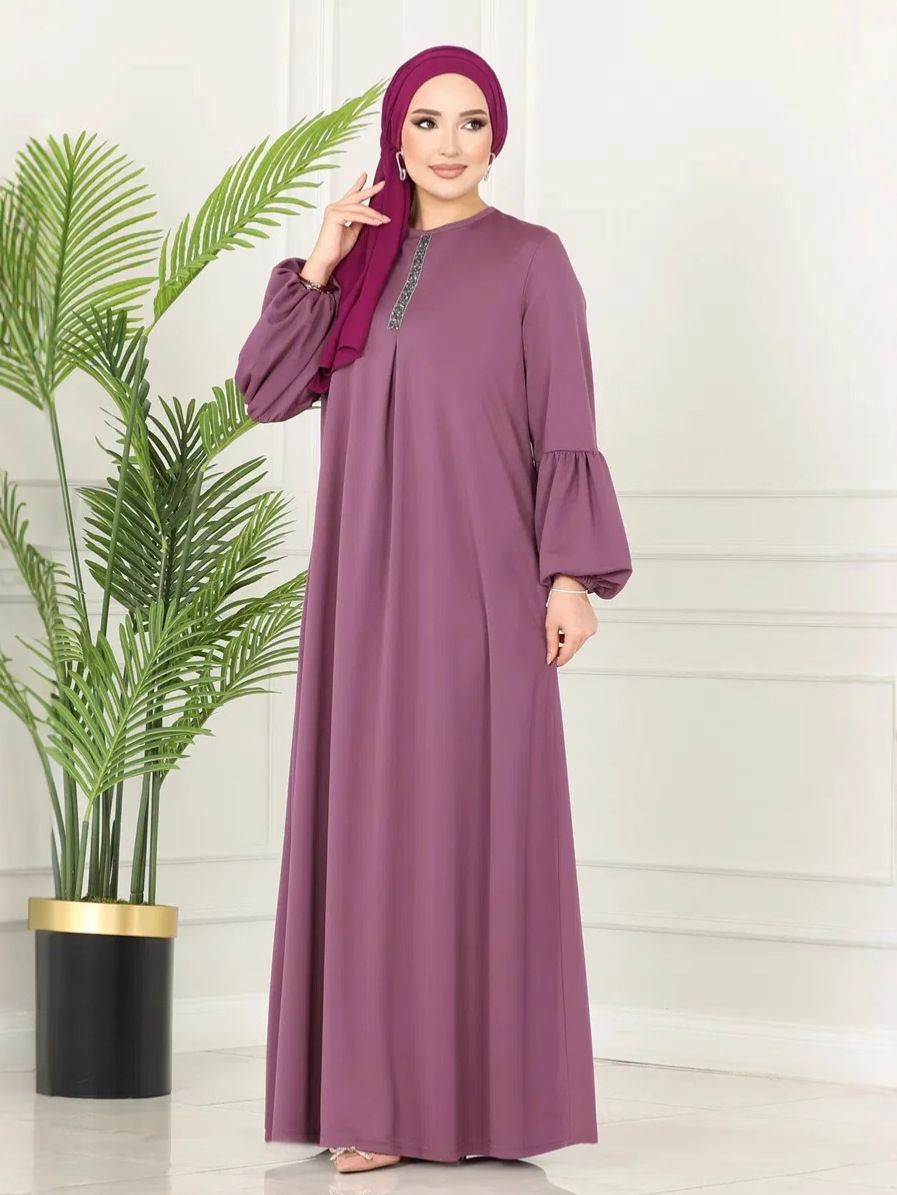 Abito da donna musulmano retrò semplice lungo e largo con maniche a lanterna_voghion.com