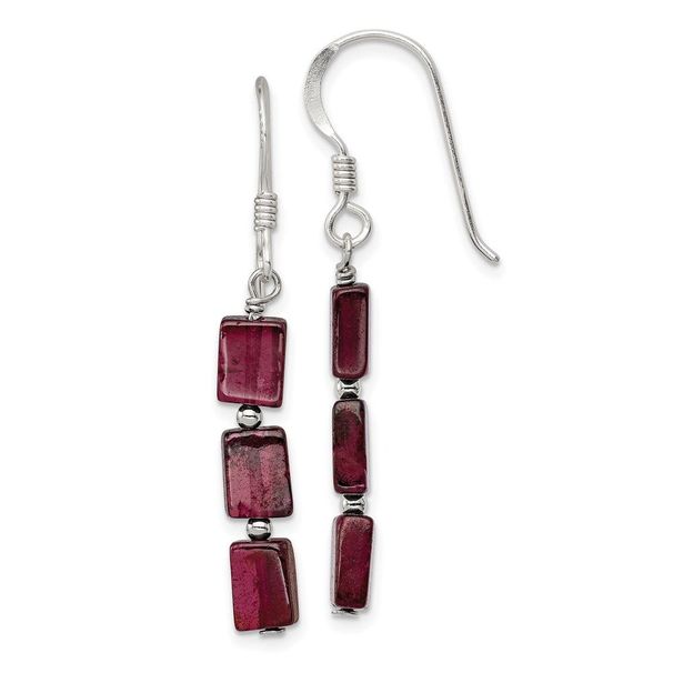 Sterling Silver Polished Triple Rectangle Garnet Dangle Earrings_voghion.com