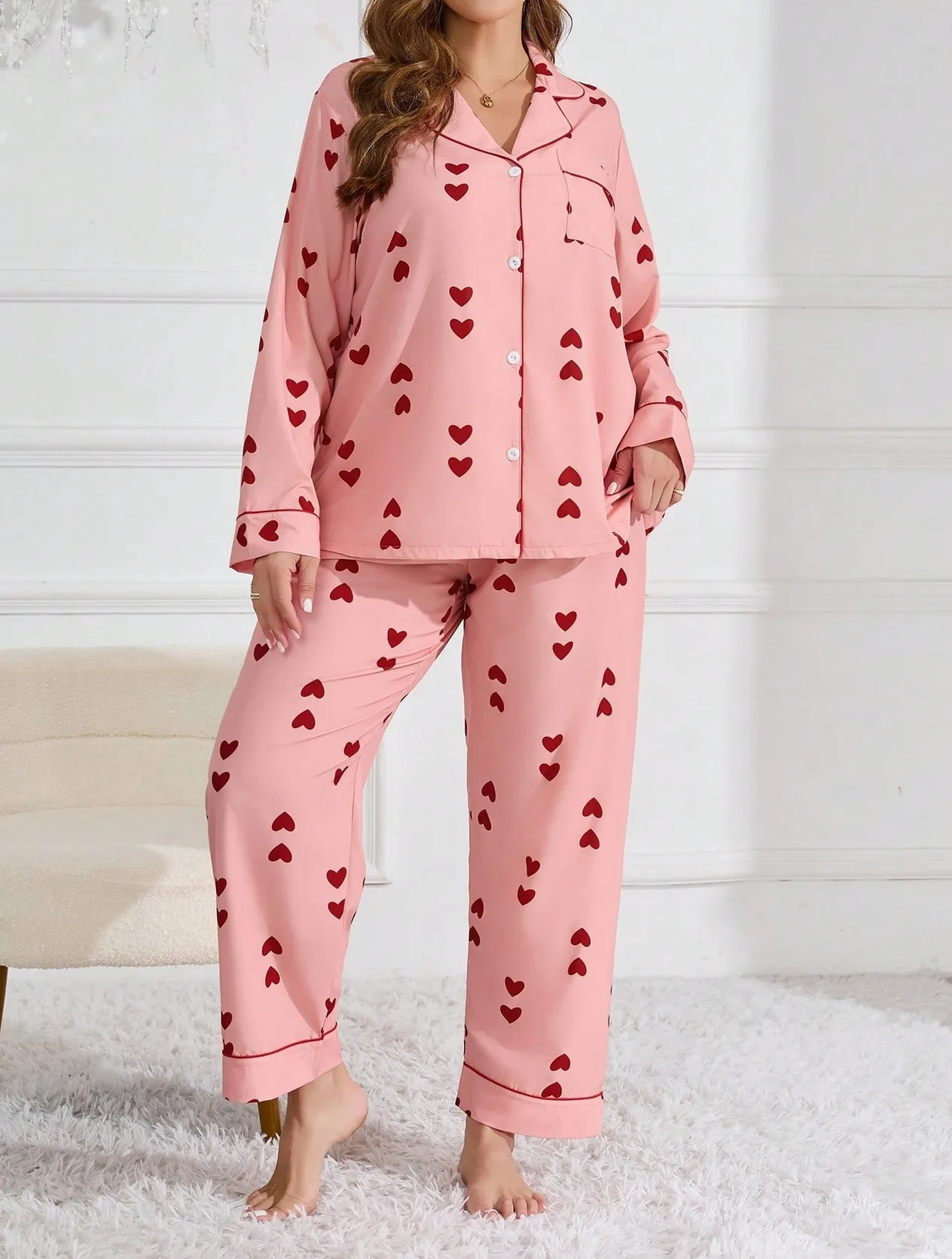 Large pajamas, new waffle style cardigan, long sleeved pants, heart-shaped sweet home suit set, can be worn outside_voghion.com