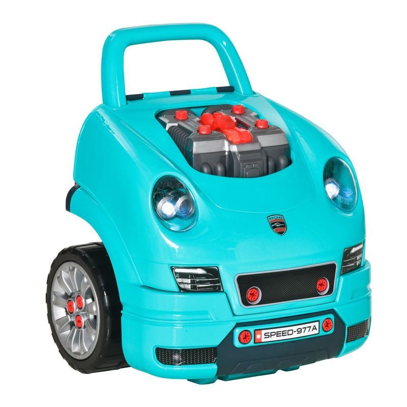Qaba Kids Truck Engine Mechanic Toy | Includes 61 Pieces, Steering Wheel, Horn, Light, RC Car Key | Teal | For Ages 3-5_voghion.com