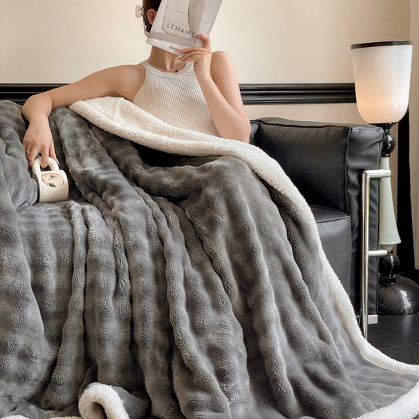 Coperta in pile di agnello e peluche di coniglio a doppio strato, tinta unita, coperta in flanella a bolle, calda e spessa, per un pisolino_voghion.com