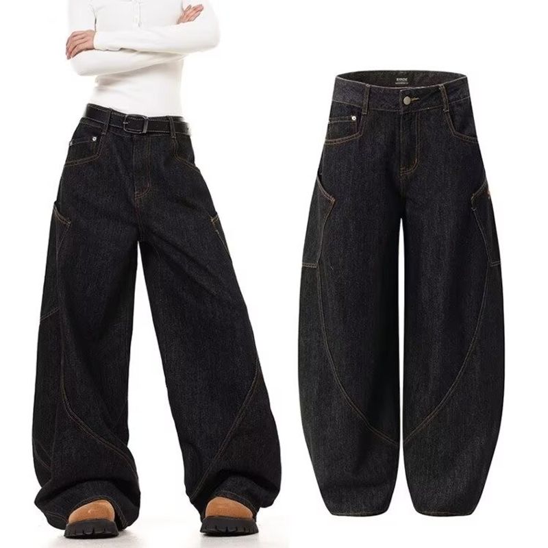 Women's Clothing Retro Big Pocket Scimitar Jeans For Women Spring And Autumn Hot Girl High Street Design Loose Wide Leg Mopping Pants_voghion.com