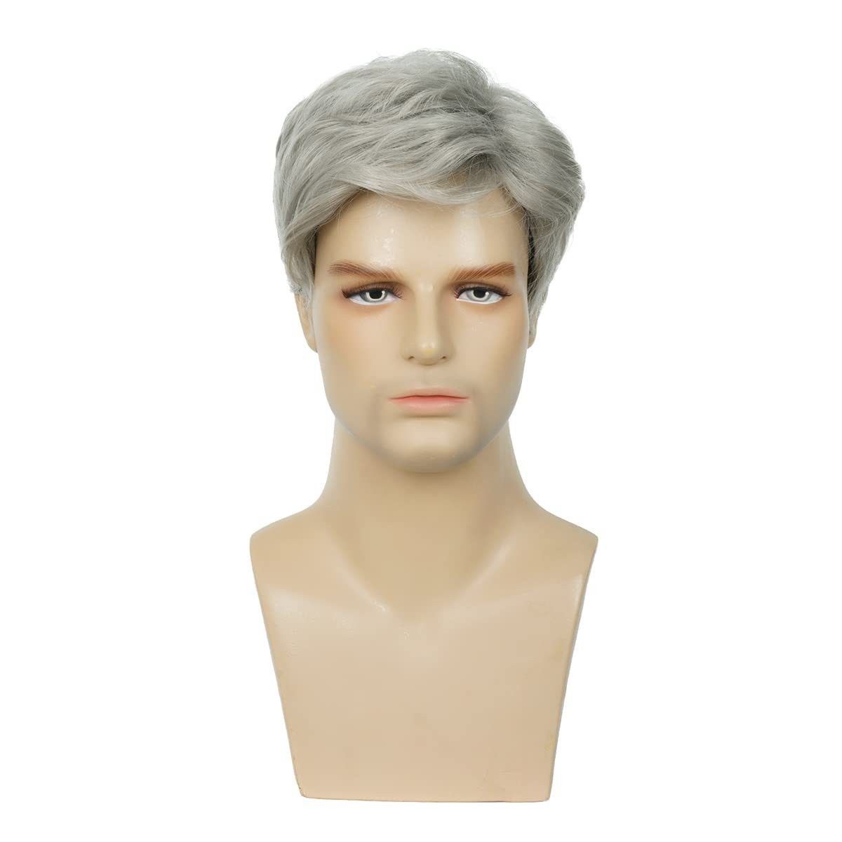 Men's Wigs Gray And White Side Parted Short Straight Hair Elastic Net Chemical Fiber Short Wig_voghion.com