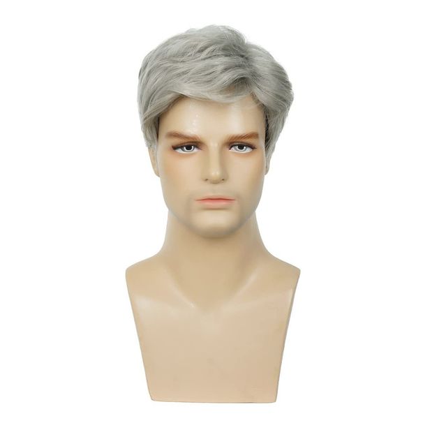 Men's Wigs Gray And White Side Parted Short Straight Hair Elastic Net Chemical Fiber Short Wig_voghion.com