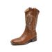 He Sui Style Chunky Heel Versatile Western Cowboy V Mouth Embroidered Pull-On Riding Mid-Calf Square Toe Horse Boots_voghion.com