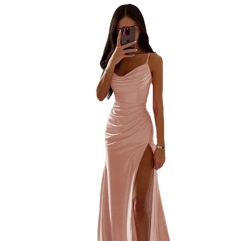 Röhrenoberteil, plissiertes, geschlitztes Satinkleid, Rock, sexy, schmales Hüftwickelkleid_voghion.com
