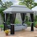 3-Seat Patio Swing Chair With Double Tier Canopy, Porch Swing Chair With Stand, Mesh Sidewalls, Cushioned Seat And Pillows, Gray_voghion.com