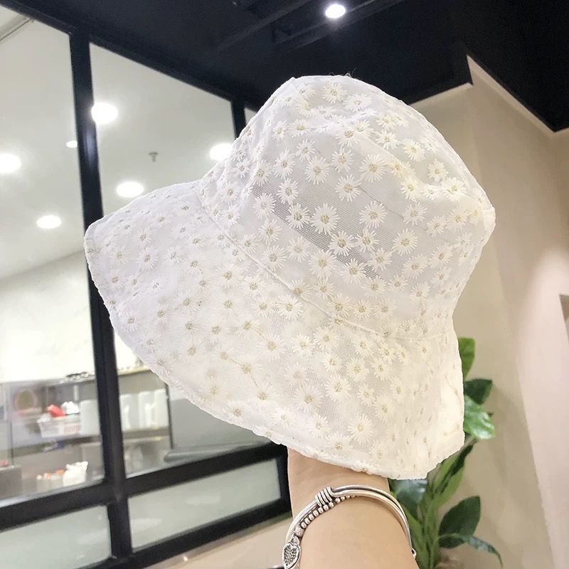 Small Daisy Embroidered Fisherman's Hat Children's Summer Thin Breathable Sunscreen Big Brim Sun Hat Fairy Lace Basin Hat_voghion.com
