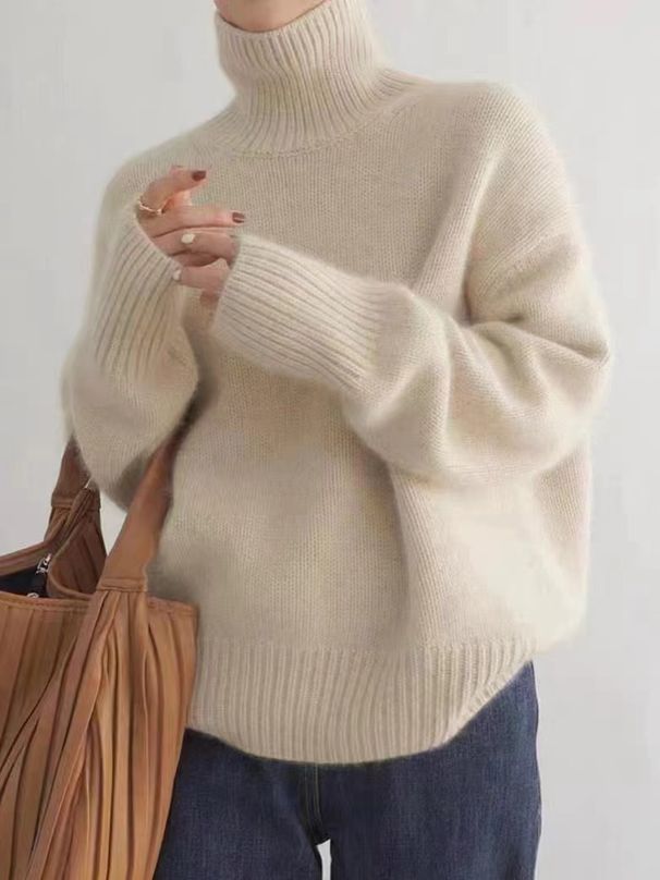 Women's High Neck Sweater Soft Cashmere Blend Knit Pullover Oversized Casual Turtleneck Top In 9 Colors (White, Black, Wine Red, Mocha, Etc.)_voghion.com