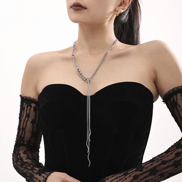 Fangtang NK Multi-layer Tassel Curved Strip Layered Sweater Chain Long Necklace Stainless Steel Trend_voghion.com