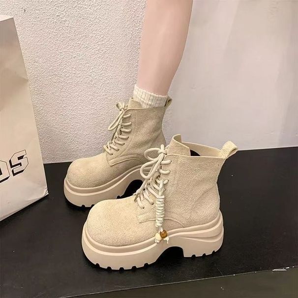 Plattformhöhenerhöhung Martin für Frauen 2025 Herbst Neue Mode Melad Abnehmen Kurze Schnürstiefel Gelb_voghion.com