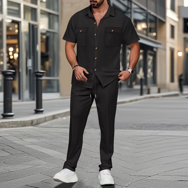 Vêtements pour hommes Été Nouvelle couleur unie Bouton Poche Chemise Manches Courtes Pantalon Deux Pièces Ensemble_voghion.com