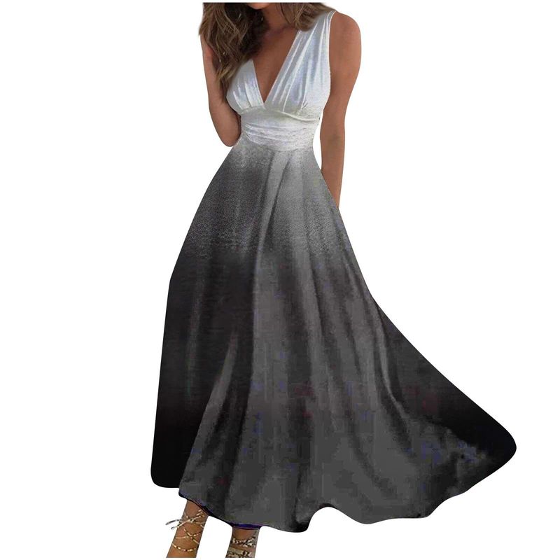 Women's digital printing women's V-neck sleeveless long dress_voghion.com
