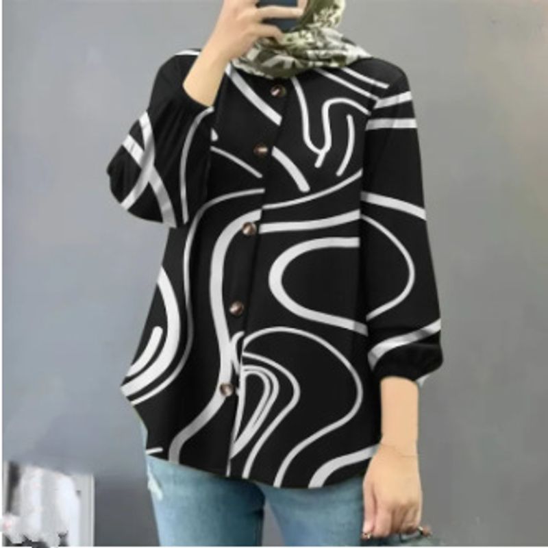 Chemise ample à manches bouffantes pour femmes, grande taille, à la mode, imprimée, à manches longues, avec patte de boutonnage, chemise à boutons_voghion.com