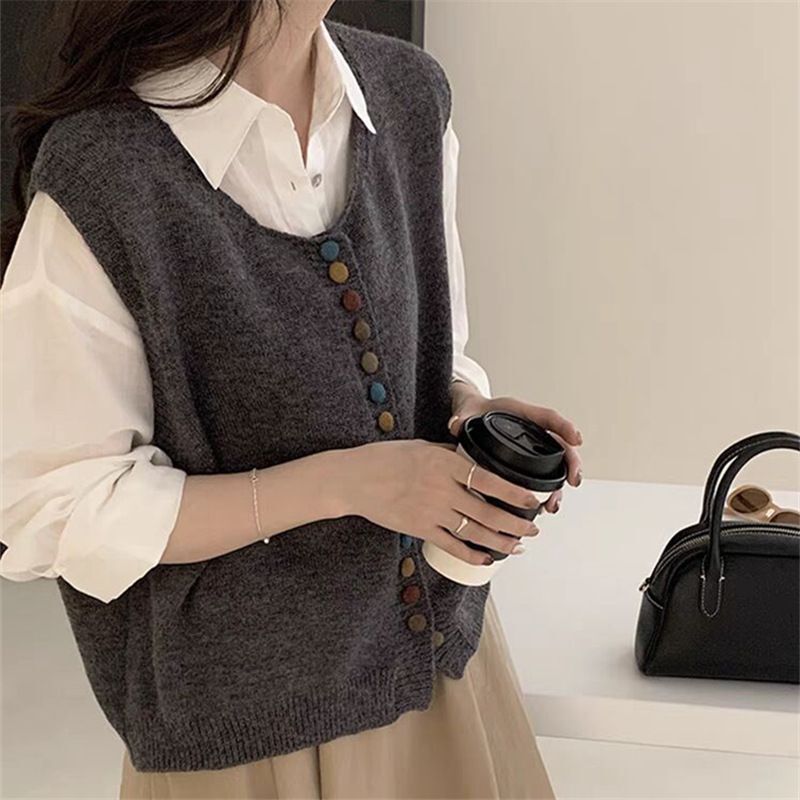Gilet in maglia con scollo rotondo e bottoni arcobaleno in stile occidentale per donna in primavera, autunno e inverno, nuovo top a strati per donna,_voghion.com