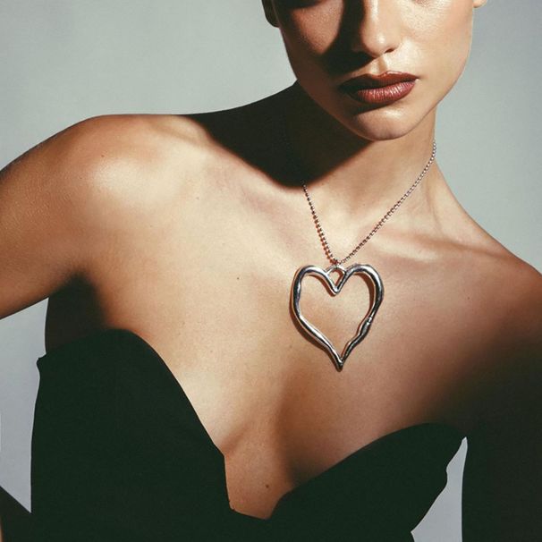 Collana a forma di cuore da donna con ciondolo placcato in argento massiccio di grandi dimensioni Y2K, gioielli da ragazza, 2025_voghion.com