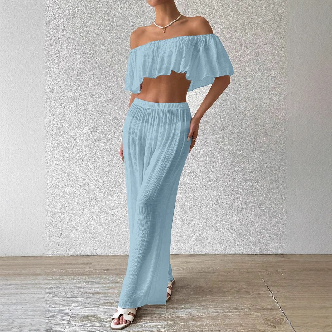 Women's Clothing Two Piece Suit Summer Wrinkled Cloth Solid Color One Shoulder Tube Top High Waist Wide Leg Pants Casual Beach Suit_voghion.com