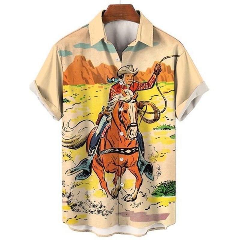 Abbigliamento maschile Nuove camicie estive da uomo Camicie in denim western con stampa 3D Camicie con risvolto casual retrò_voghion.com
