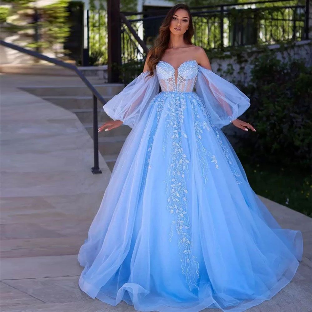 Robe de princesse bustier tubulaire à manches transparentes pour femmes, robe de soirée de mariée en dentelle appliquée_voghion.com