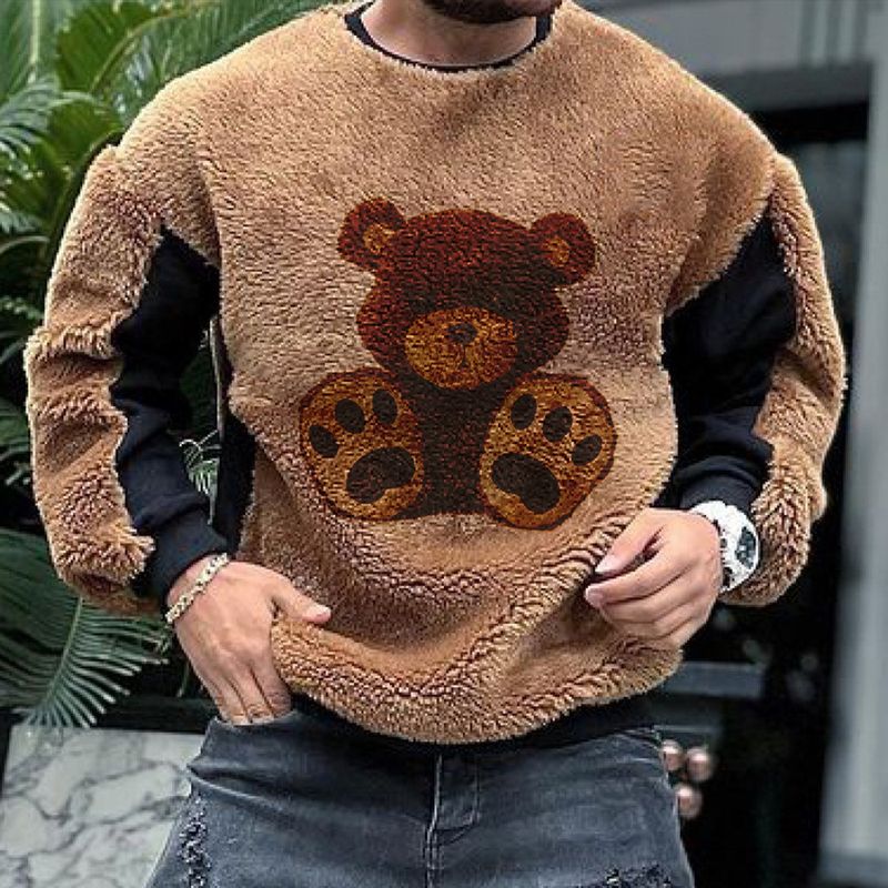 Men's Clothing European and American size autumn men's casual Teddy print splicing sleeve plush sports sweatshirt_voghion.com