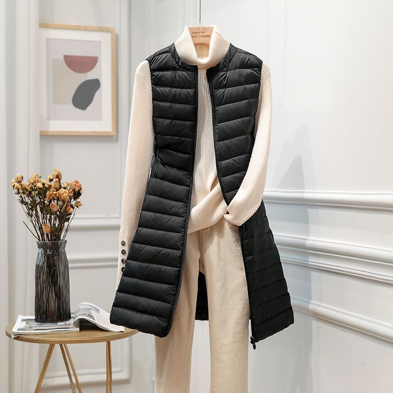 Women's Clothing autumn and winter new women's lightweight Warm jacket vest women's mid length round neck thin Warm jacket jacket vest slim fit_voghion.com