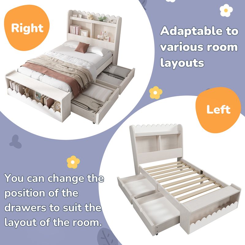 Kinderbett Einzelbett 90x200 cm with Storage Drawers, Shelf and Seating Bench, Wooden Bed Frame with Slatted Base, White and Oak Finish (Mattress Not Included)_voghion.com